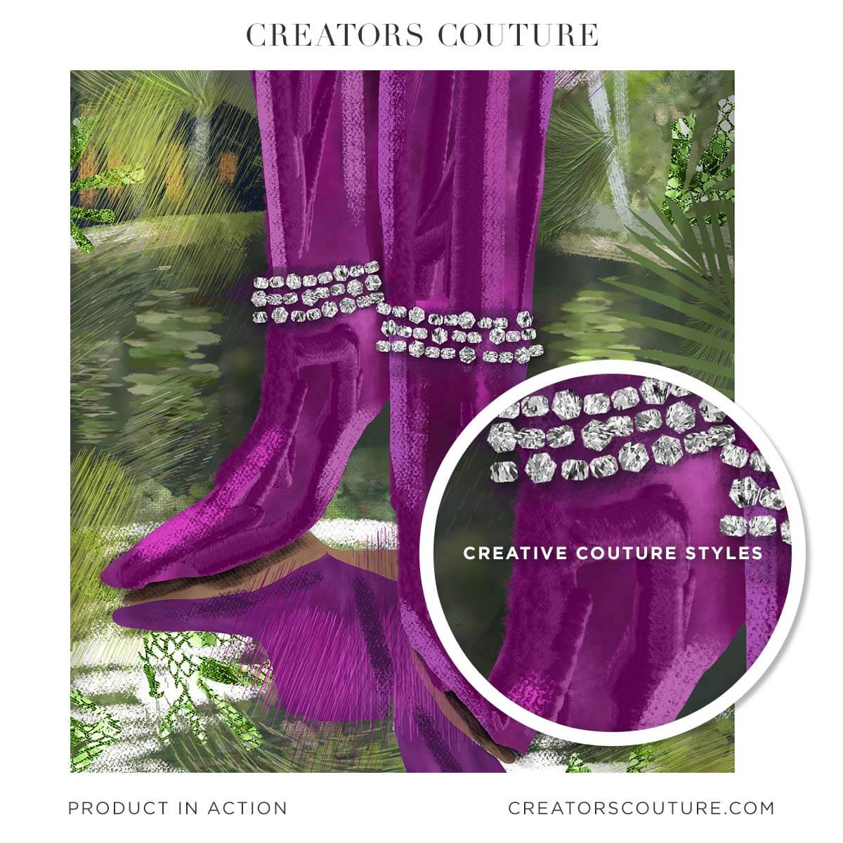 Illustration of purple boots accented with Pave and diamond layer styles created in Photoshop