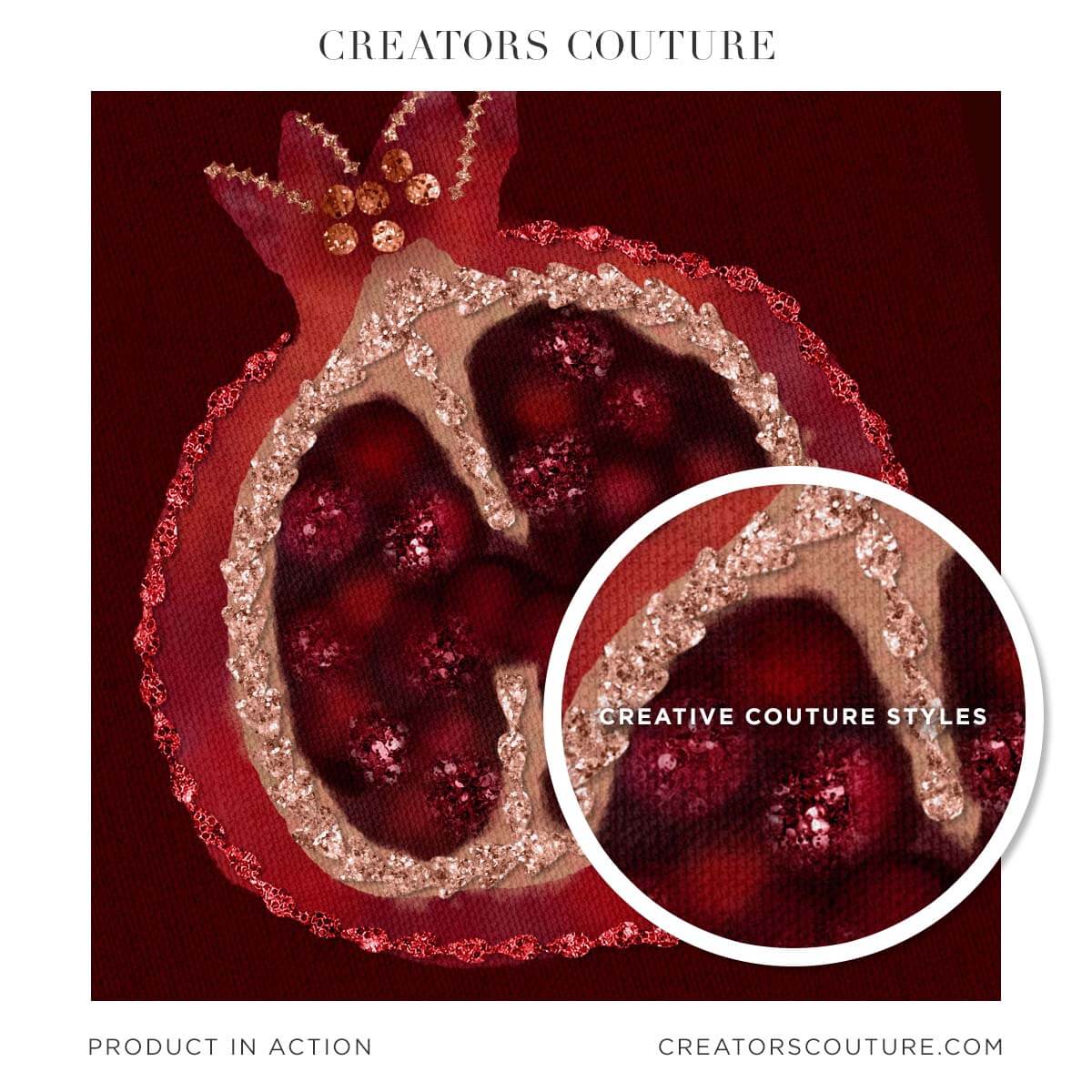 Pomegranate illustration with sparkle accents applied in Photoshop