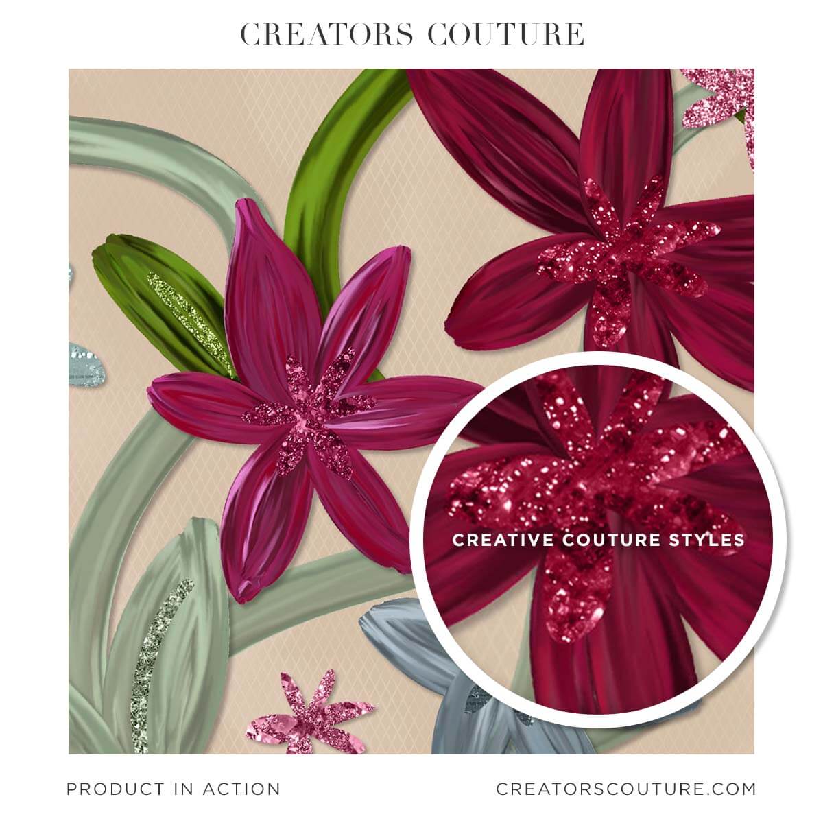 Painted flower illustrations with sparkle and glitter accents