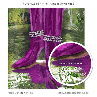 gold foil and metallic gold textures for graphic design and illustration, fashion illustration of purple boots