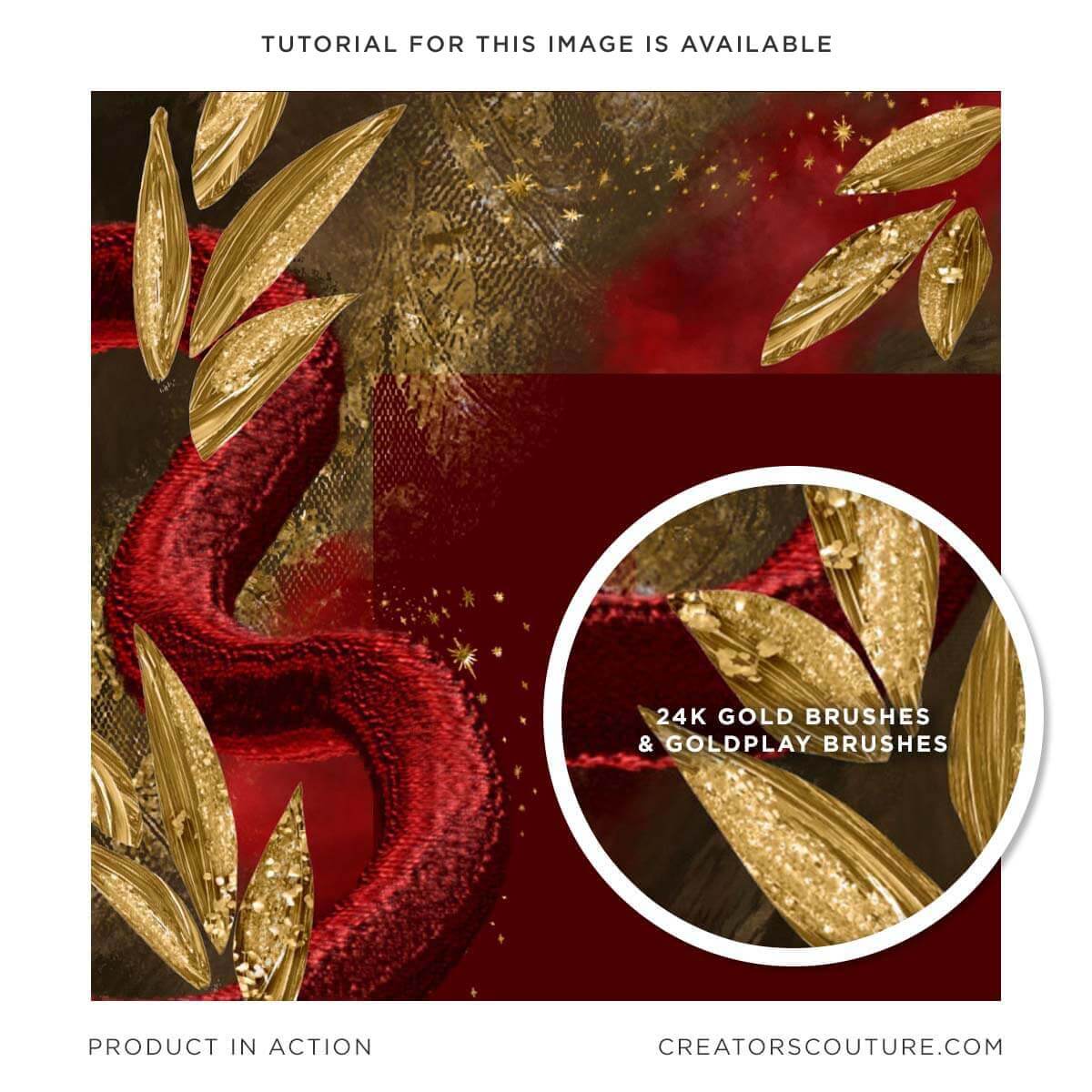 regal red and gold digital illustration, close up of leaves illustration created with metallic gold brushes in Photoshop