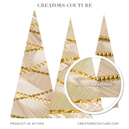Abstract cream and beige Christmas tree illustrations with glitch and line effect, Photoshop brushes and gold accents