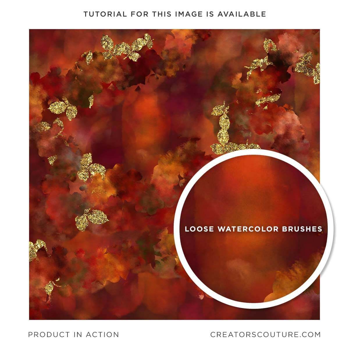 autumnal colored surface pattern design created using loose watercolor, Photoshop brushes, with metallic gold accents, close-up of multicolor, loose watercolor brushes