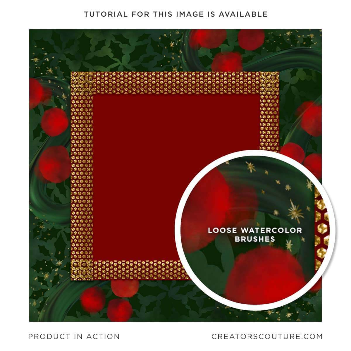Christmas/holiday frame design, close-up of loose watercolor Photoshop brushes that were used to create this design in Photoshop