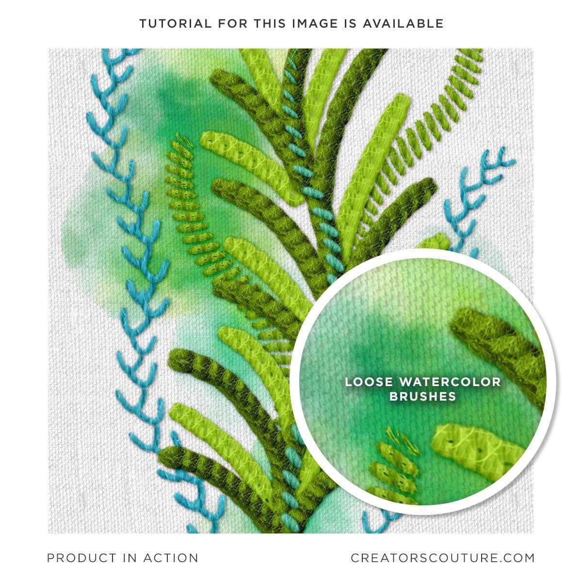 Coral illustration in an embroidery style, created in Photoshop, close-up of loose watercolor Photoshop brushes in use