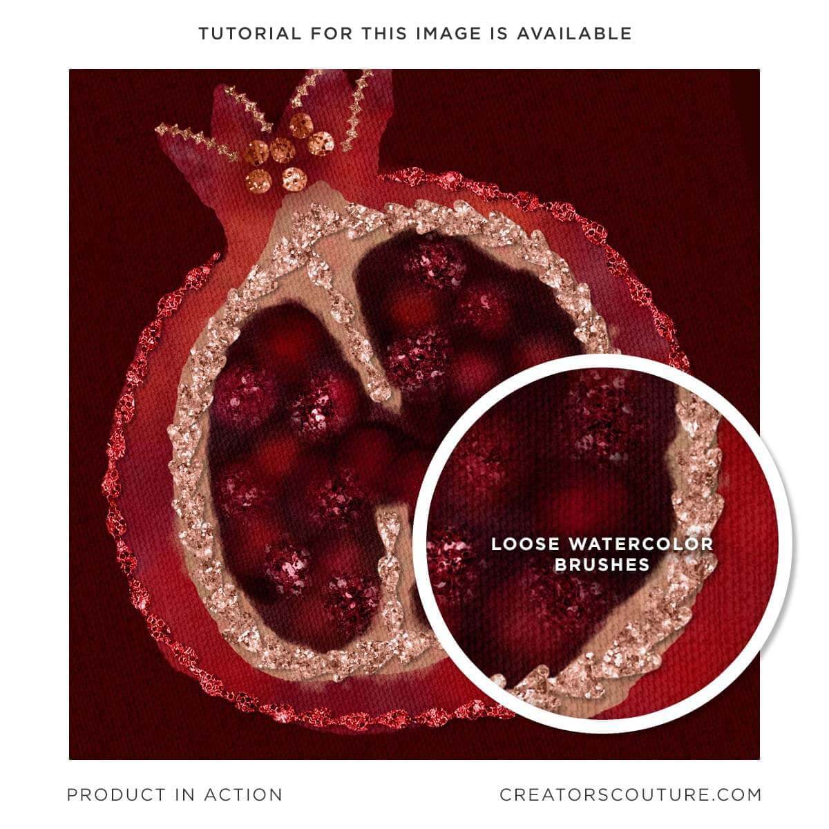 Pomegranate illustration with jeweled accent, in Photoshop using loose watercolor, Photoshop brushes
