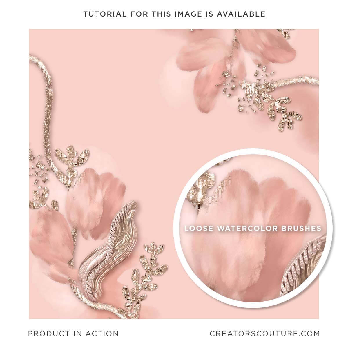 Pink and white gold floral illustration created in Photoshop, inspired by haute couture, close-up of watercolor flowers created in Photoshop with loose watercolor Photoshop brushes