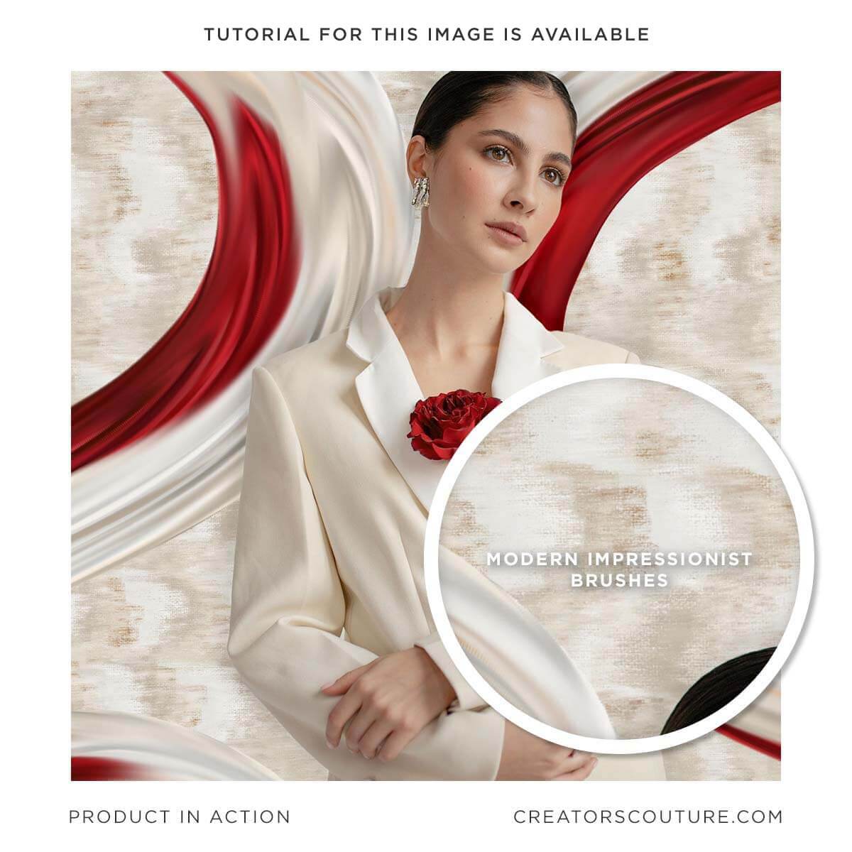 multicolor photoshop brush strokes as accents to portrait photography, woman on cream background with multicolor brush strokes