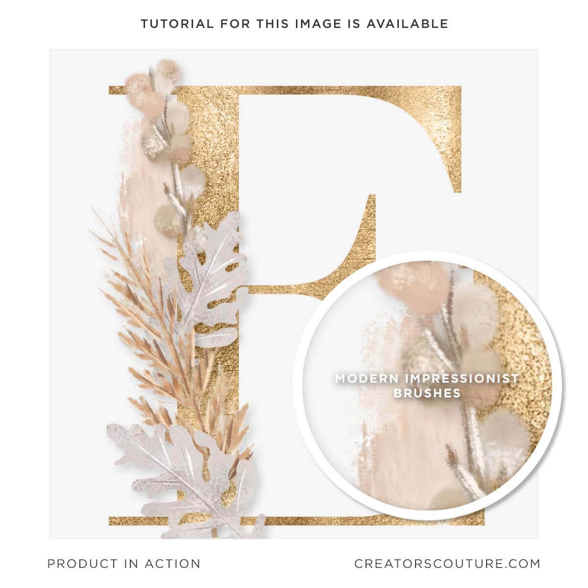 Illustrated, monogram, delicate, metallic gold, accents of winter leaves and branches, close-up of multicolor impressionist brushstrokes