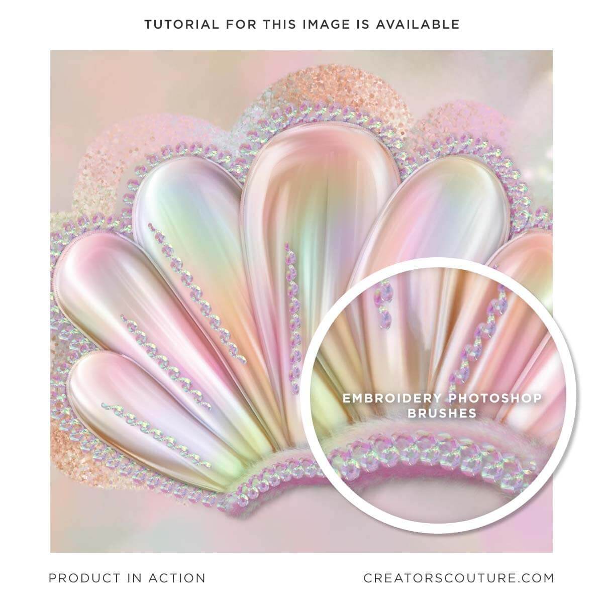 Shell illustration with iridescent style embroidery stitches, created in Photoshop using brushes that create a 3-D thread effect