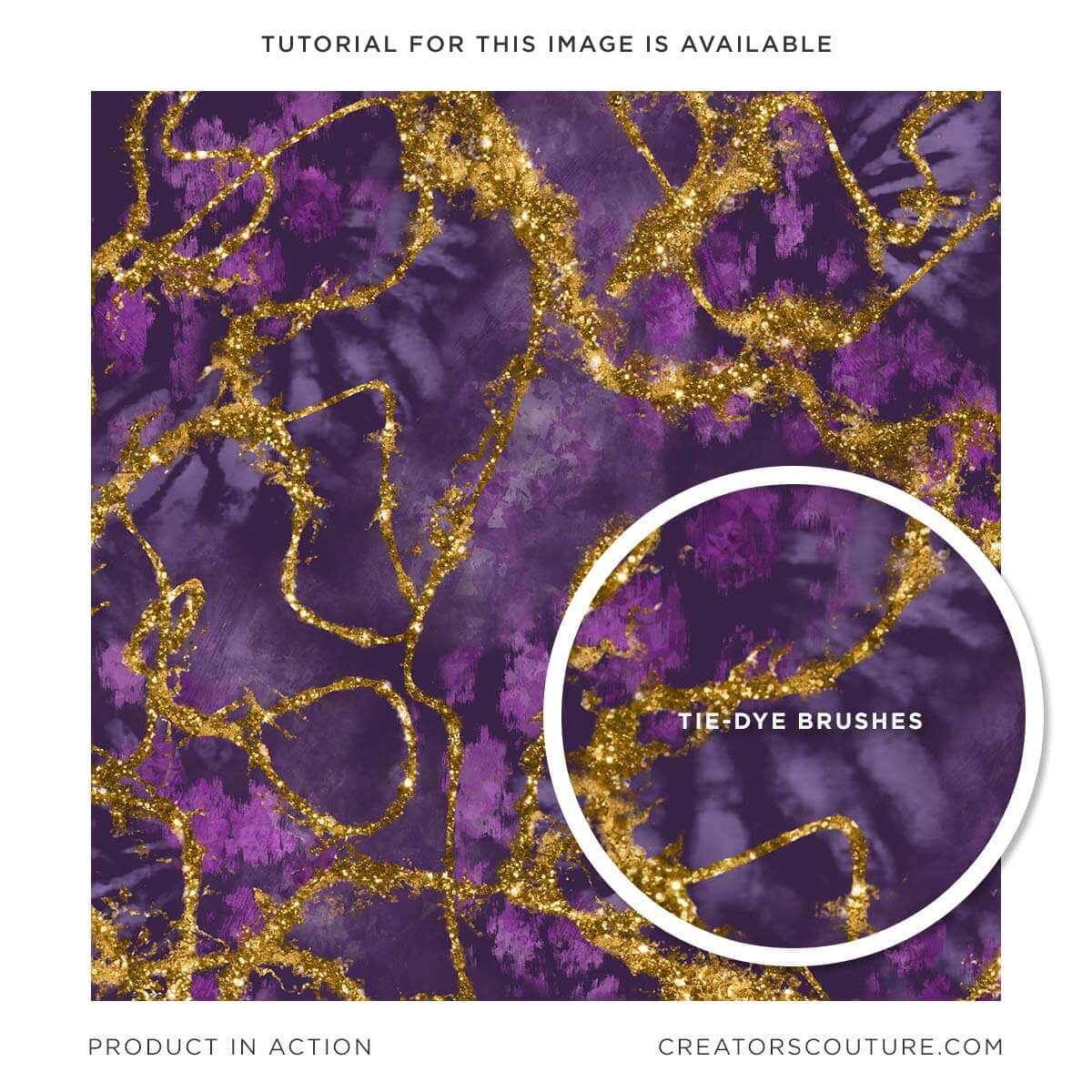 Tie-dye, digital background created in Photoshop with amethyst, color, palette and metallic gold accents, close-up of tie-dye brush strokes