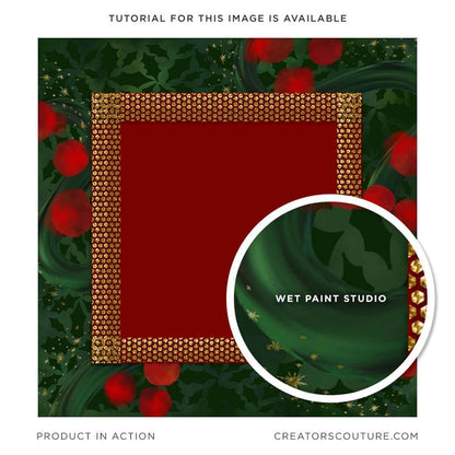 Christmas frame design illustrated in Photoshop with metallic gold accents, close-up of a dark, green, wet, paintbrush, stroke, created in Photoshop