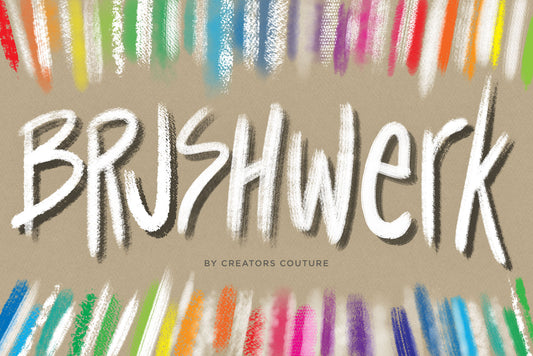 natural media photoshop brushes, realistic texture, pencils, pastels, charcoal, inks, gouache & watercolor, cover image showing white and rainbow brush strokes on a paper background