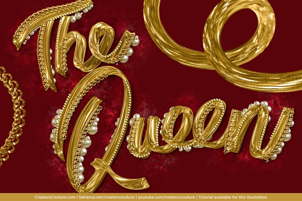 twisted shiny metallic gold 3d lettering accented with pearls and gold accents - The Queen