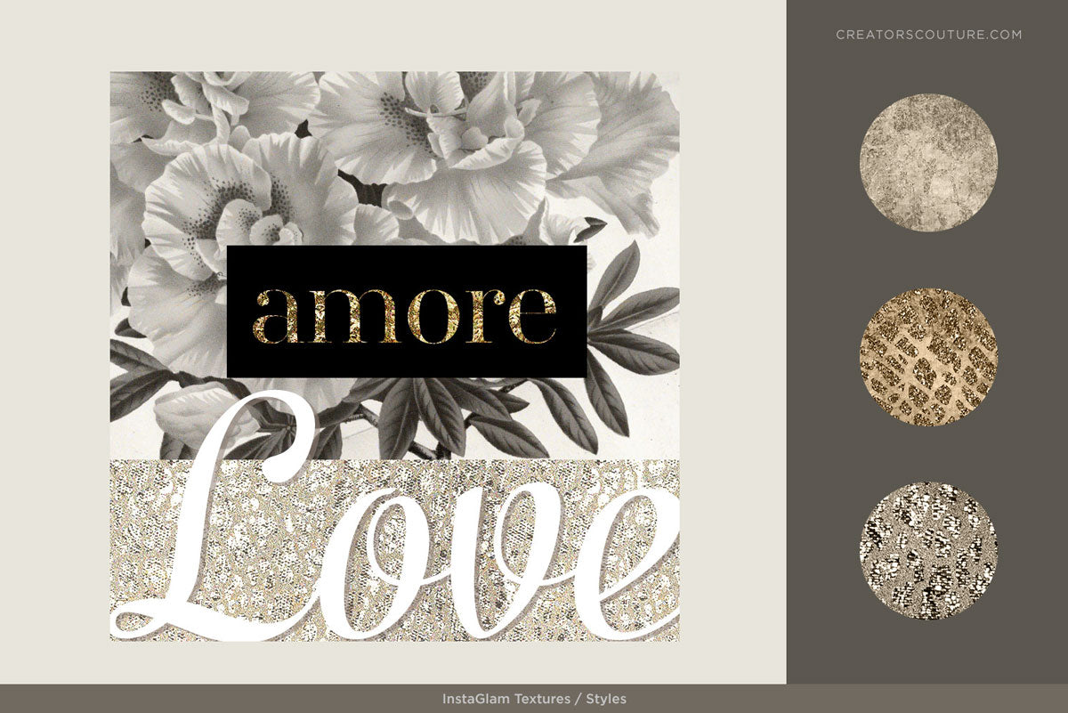 gold foil and metallic gold textures for graphic design and illustration, sample application on social media graphic in desaturated gold 