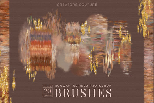 Fabric, Fiber, and Textile inspired multicolor Photoshop brushes, cover image, earthy color brush strokes on a brown background 