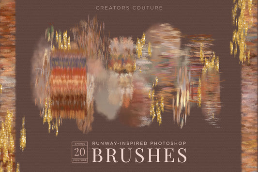 Fabric, Fiber, and Textile inspired multicolor Photoshop brushes, cover image, earthy color brush strokes on a brown background