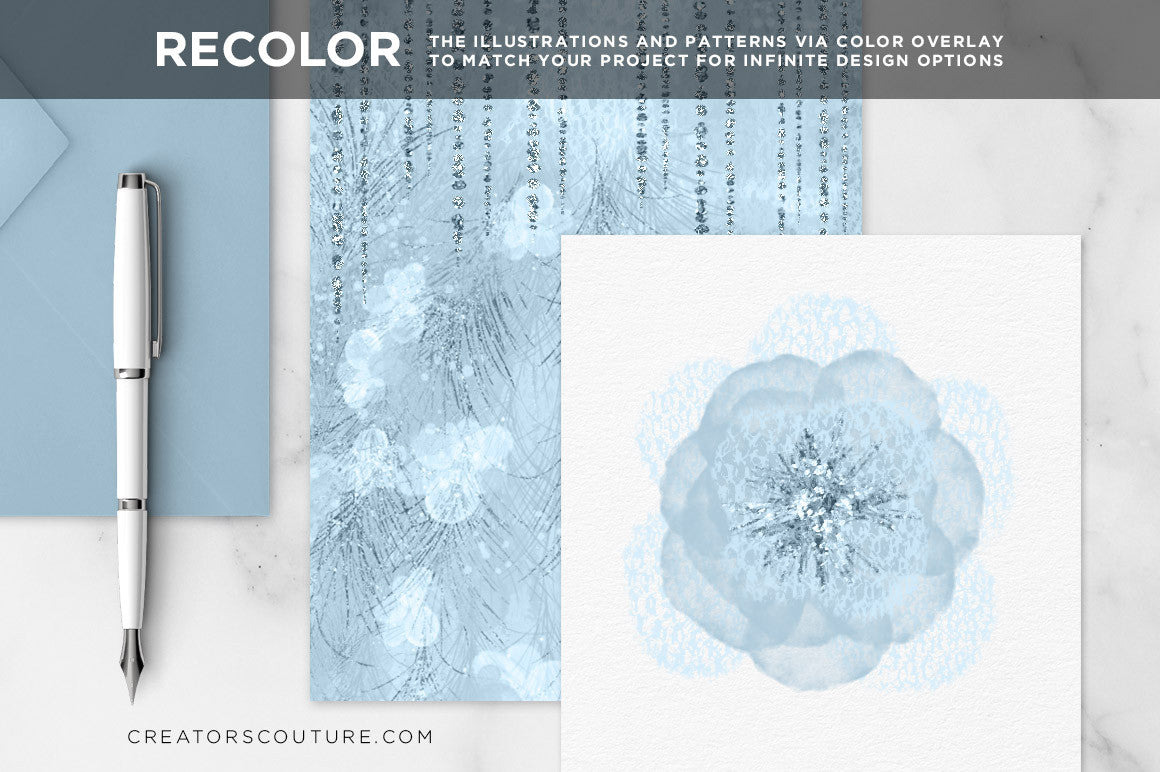 Feathery Flowers | Shimmering peach illustrations & digital papers, change color