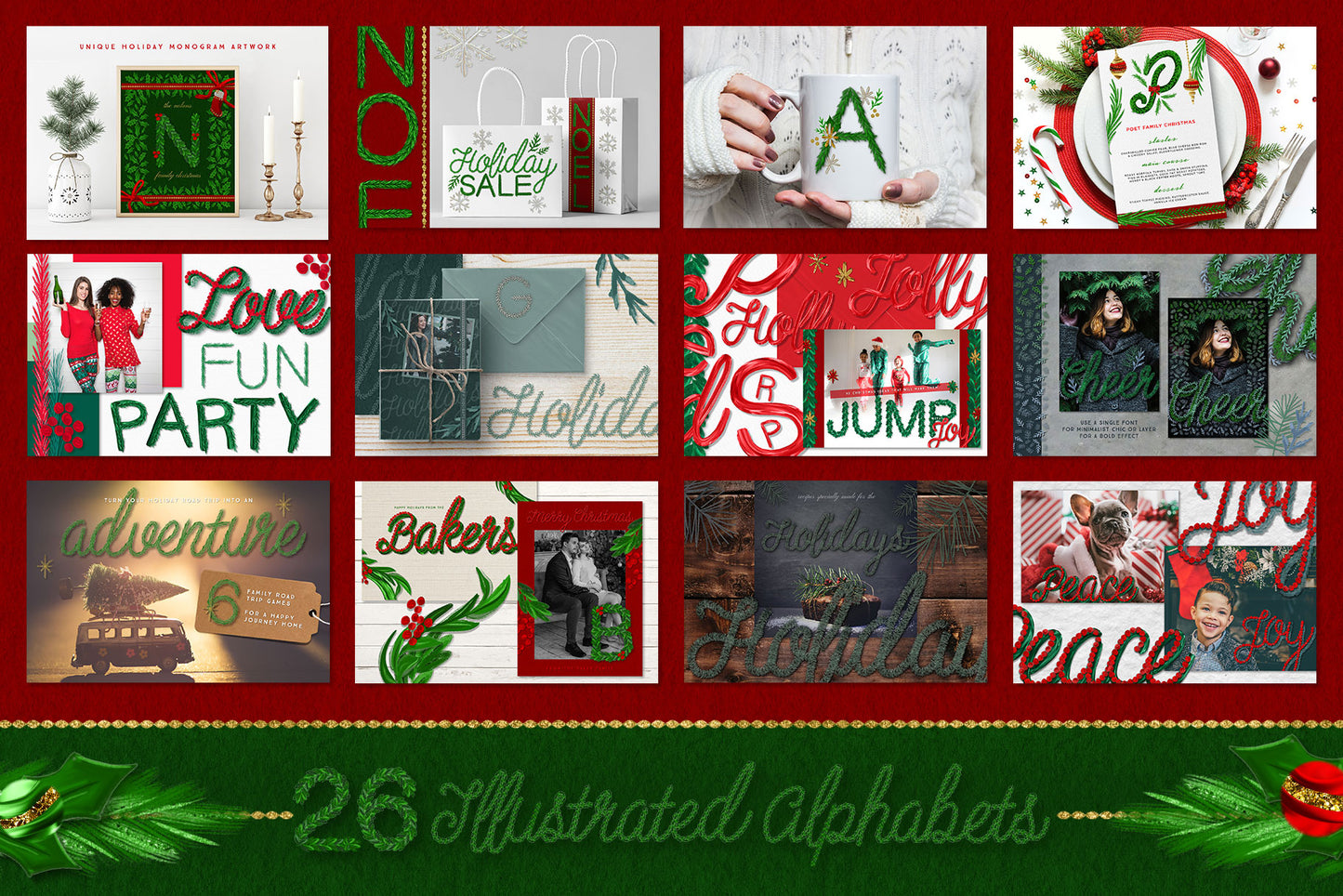 Luxe Christmas & Holiday Greenery Alphabets: sample designs