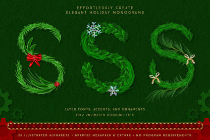 Luxe Christmas & Holiday Greenery Alphabets: monogram options