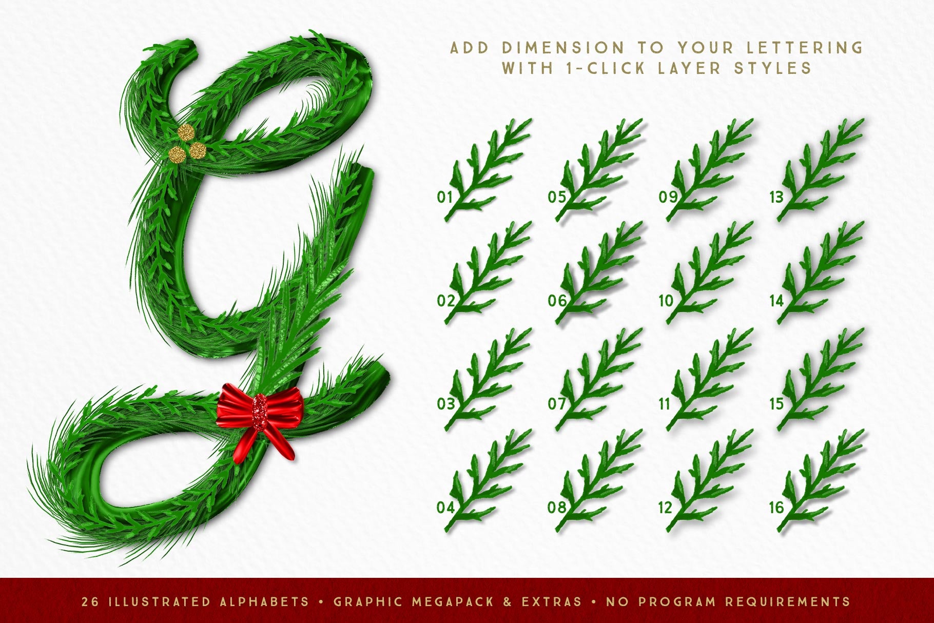 Luxe Christmas & Holiday Greenery Alphabets: layering lettering drop shadow styles