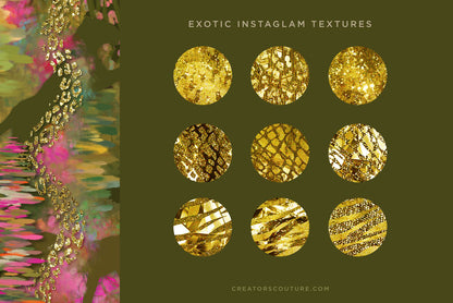 gold foil and metallic gold textures for graphic design and illustration, swatches on a green background, illustration example on left side