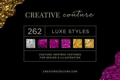 Cover image for collection of luxury, glitter and sparkle textures that can be used in Photoshop and procreate, to accent, graphic designs, and illustrations. sample jewel, glitter, and sparkly textures on a black background 