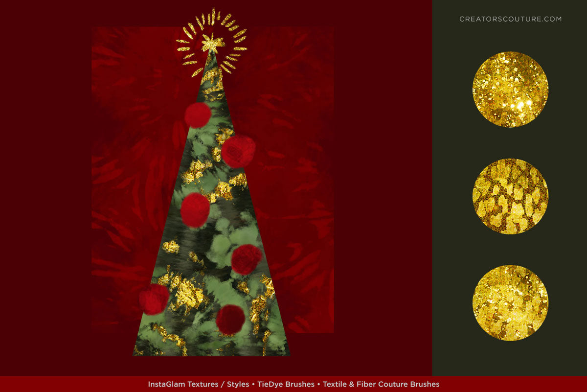 gold foil and metallic gold textures for graphic design and illustration, sample application on abstract christmas tree illustration