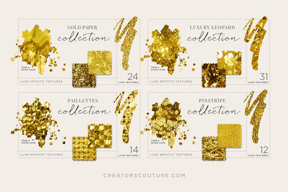 gold foil and metallic gold textures for graphic design and illustration, luxurious swatches on a white background