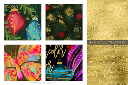 sample illustrations with Smooth Gold Foil & Liquid Gold Textures, right side close up of gold textures