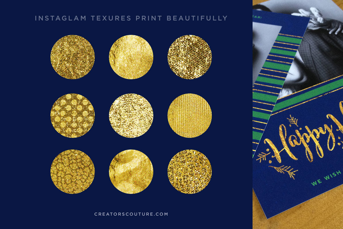 gold foil and metallic gold textures for graphic design and illustration, swatches on blue, holiday card preview