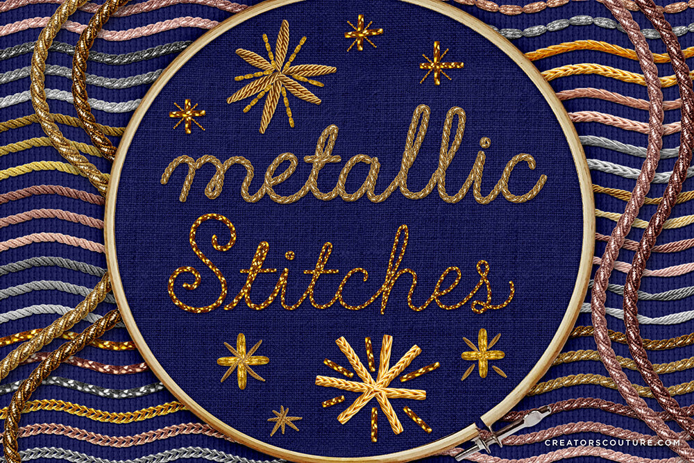 metallic stitches: Illustrator Thread Brushes for a Hand-Embroidered Illustration Effect, metallic embroidery effect for Illustrator