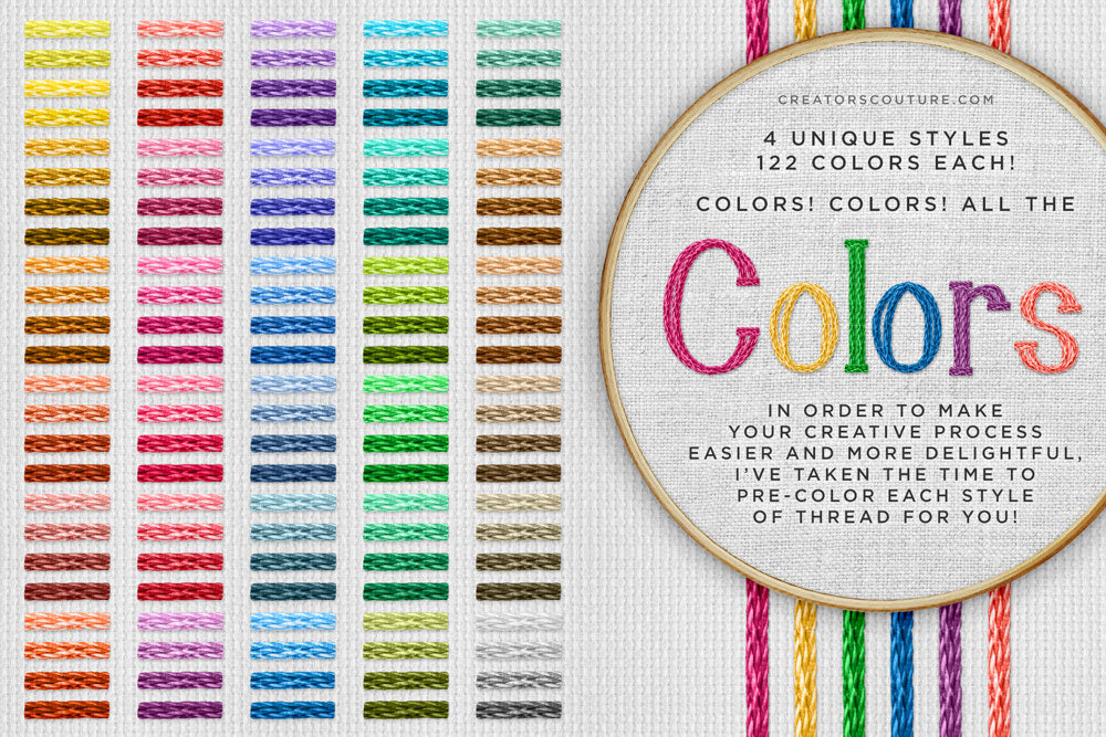 Illustrator Thread Brushes for a Hand-Embroidered Illustration Effect, pre-colored thread in 4 thread styles