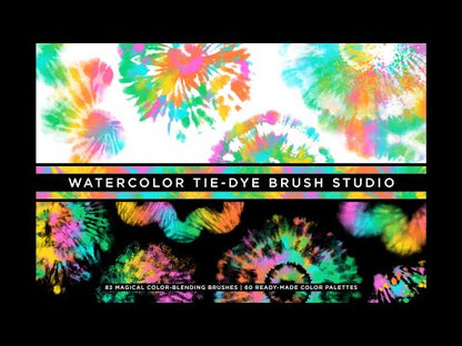 Tutorial cover preview on how to load and use multicolor watercolor tie-dye brushes for Photoshop 