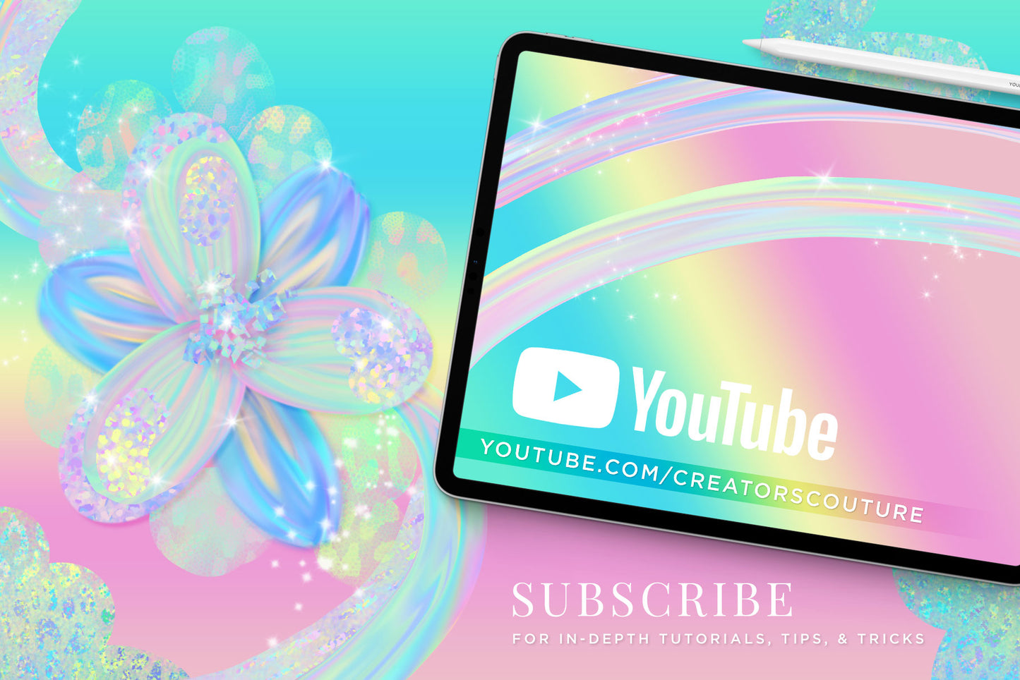 Iridescent & Holographic Photoshop Brushes, Color Palettes, & Effects, flower illustration tutorial