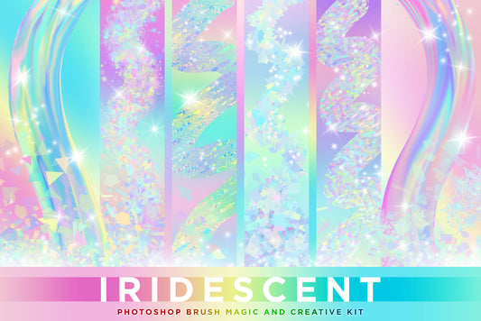 Iridescent & Holographic Photoshop Brushes and Effects, cover image showing 6 different iridescent brush strokes made in adobe Photoshop, rainbow iridescent background