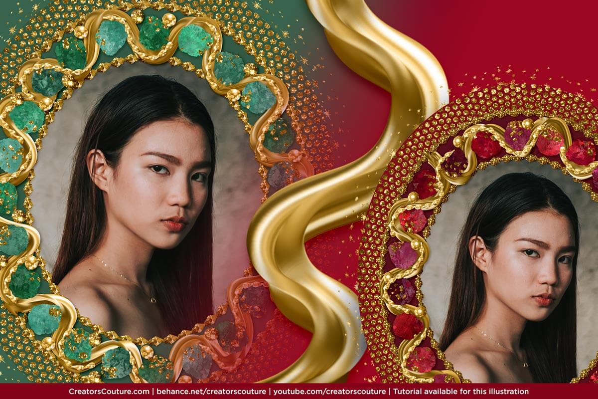 artistic metallic gold frame with 3d gold brush strokes and gold pave around raw crystals