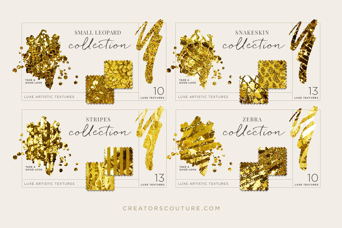 gold foil and metallic gold textures for graphic design and illustration, swatches