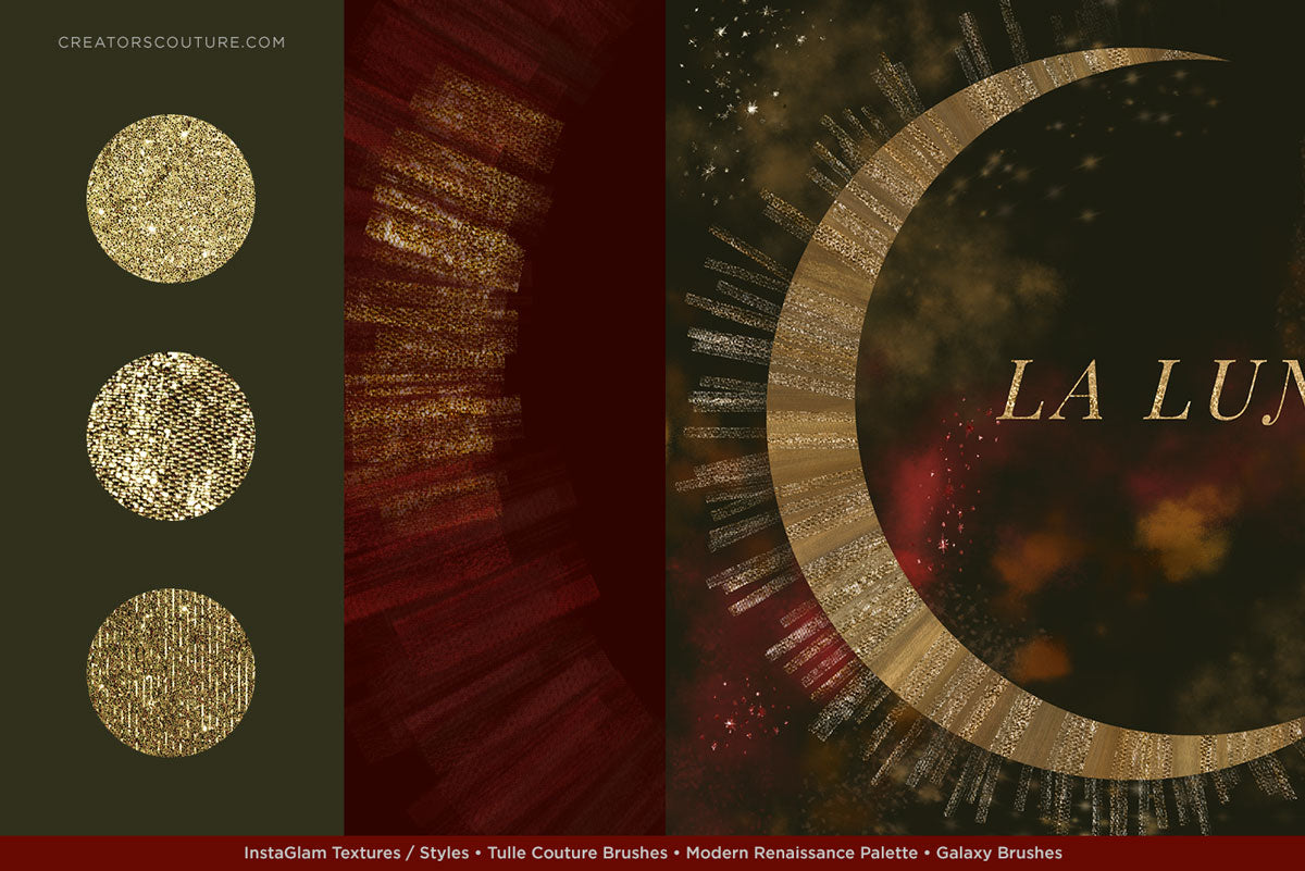 gold foil and metallic gold textures for graphic design and illustration, sample application on moon illustration 