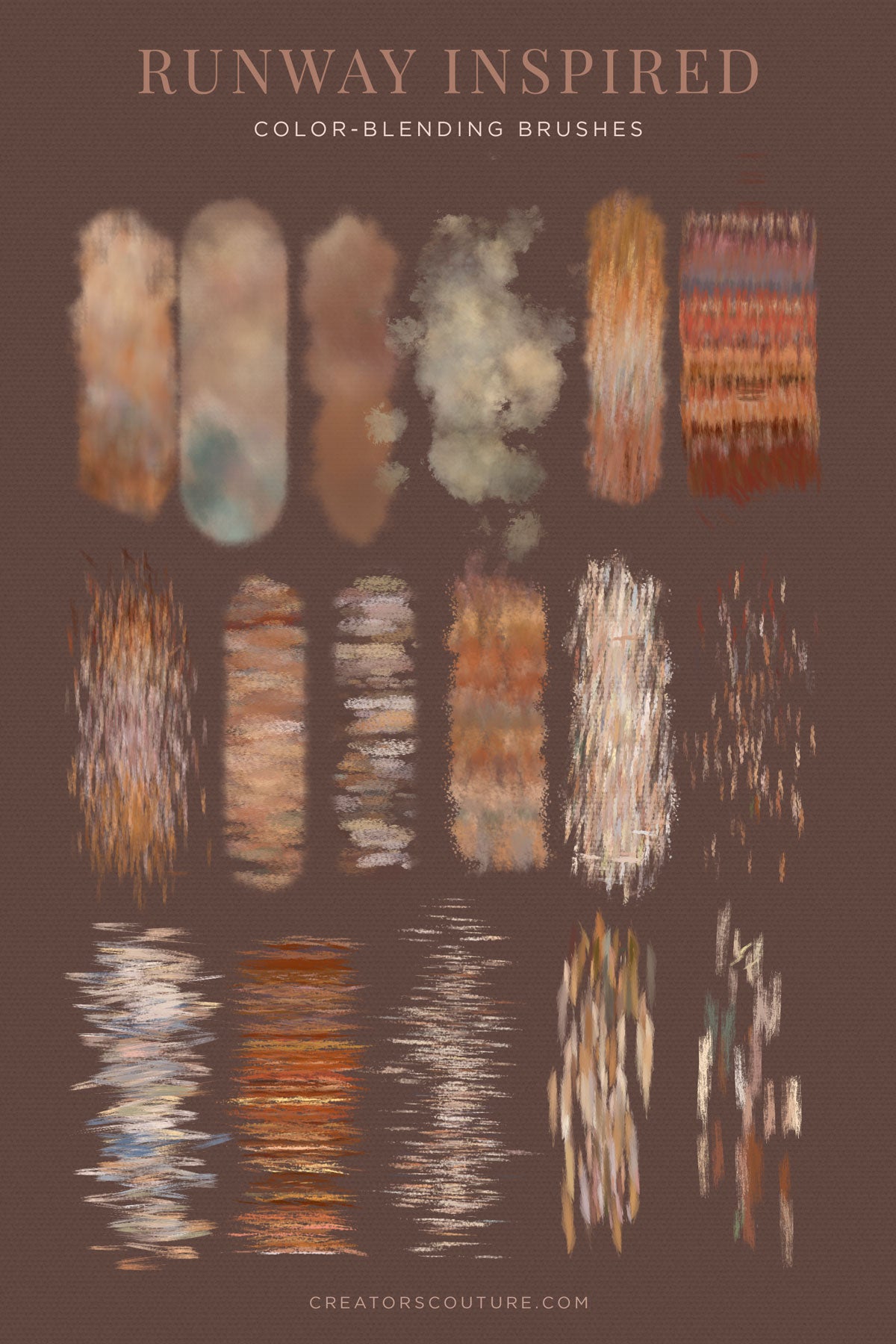 Fabric, Fiber, and Textile inspired multicolor Photoshop brushes, cover image, earthy color brush strokes on a brown background, brush chart