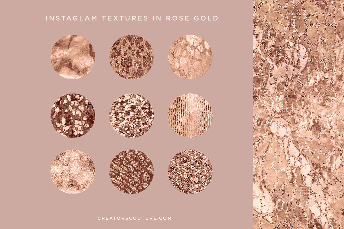 gold foil and metallic gold textures for graphic design and illustration, applied in rose gold, swatches on pink background