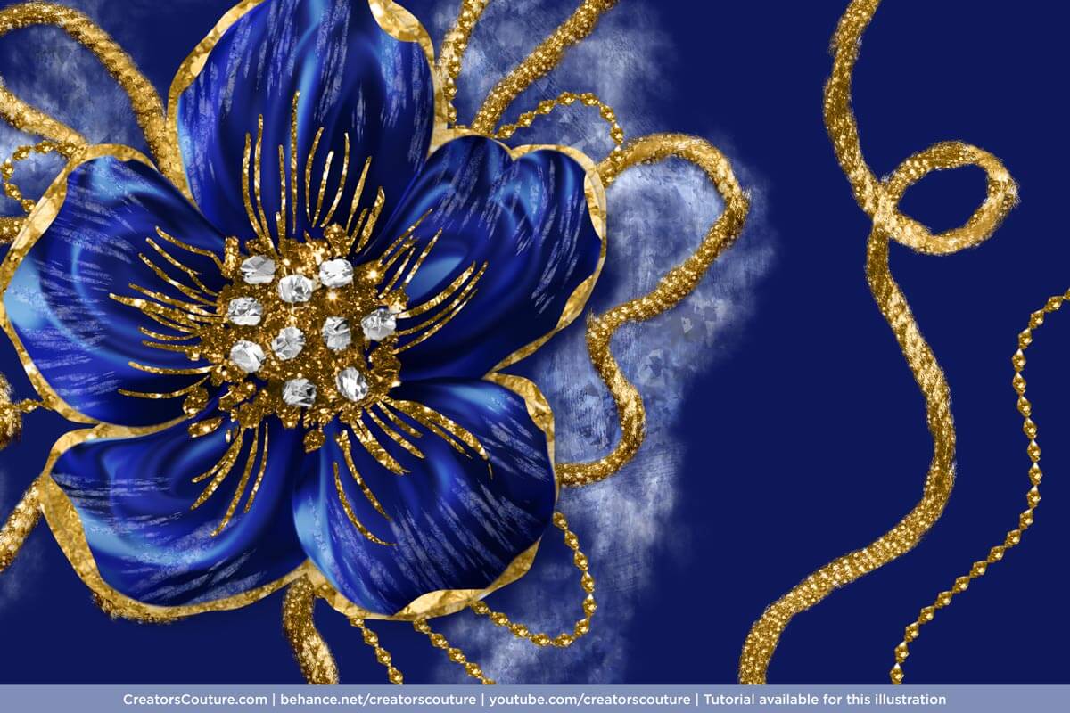 jeweled flower illustration with textured gold accents