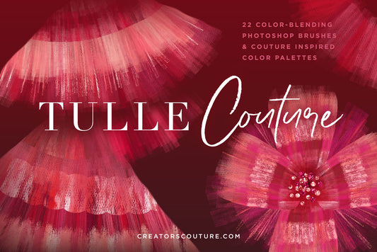 Tulle and organza couture multi-color Photoshop brushes, cover image, abstract flower illustration that looks made of tulle, abstract fashion outfit