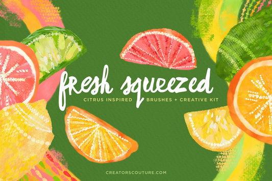 Create Bold & Bright Citrus Surface Pattern Designs & More with Citrus Inspired Photoshop Brushes, Color Palettes, & Clip Art