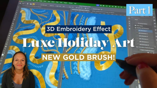 pen tablet preview of luxe holiday art with an embroidery effect, made in Photoshop, blue and gold