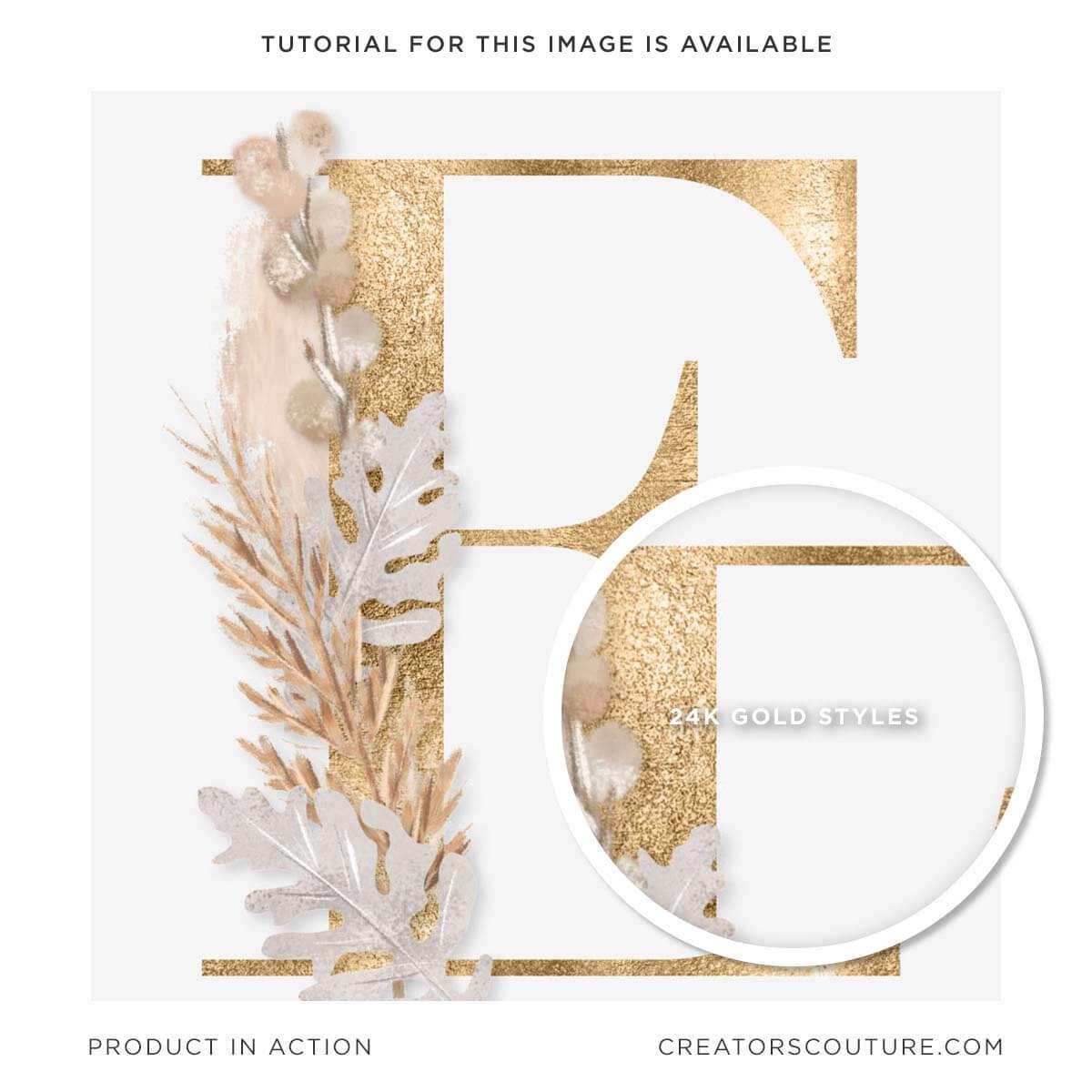 monogram E on white background with illustrations, metallic foil textures applied in copper color