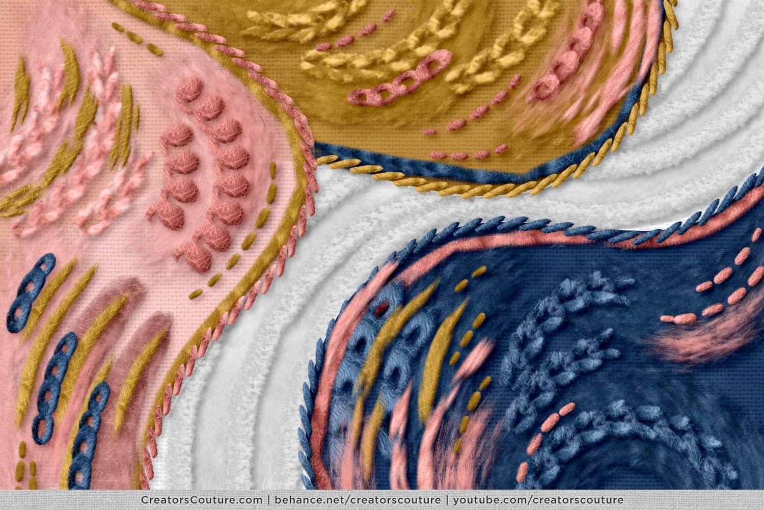 modern abstract thread painting style illustration created using embroidery and thread photoshop brushes, pink, mustard and navy colors