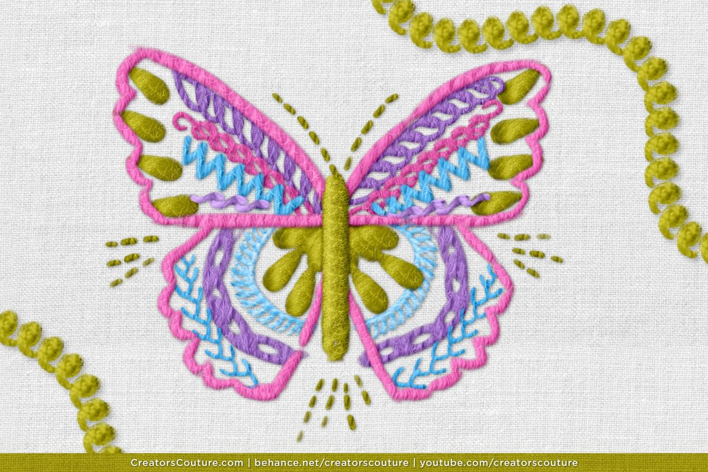 butterfly illustration that has a hand embroidered effect created in Photoshop 