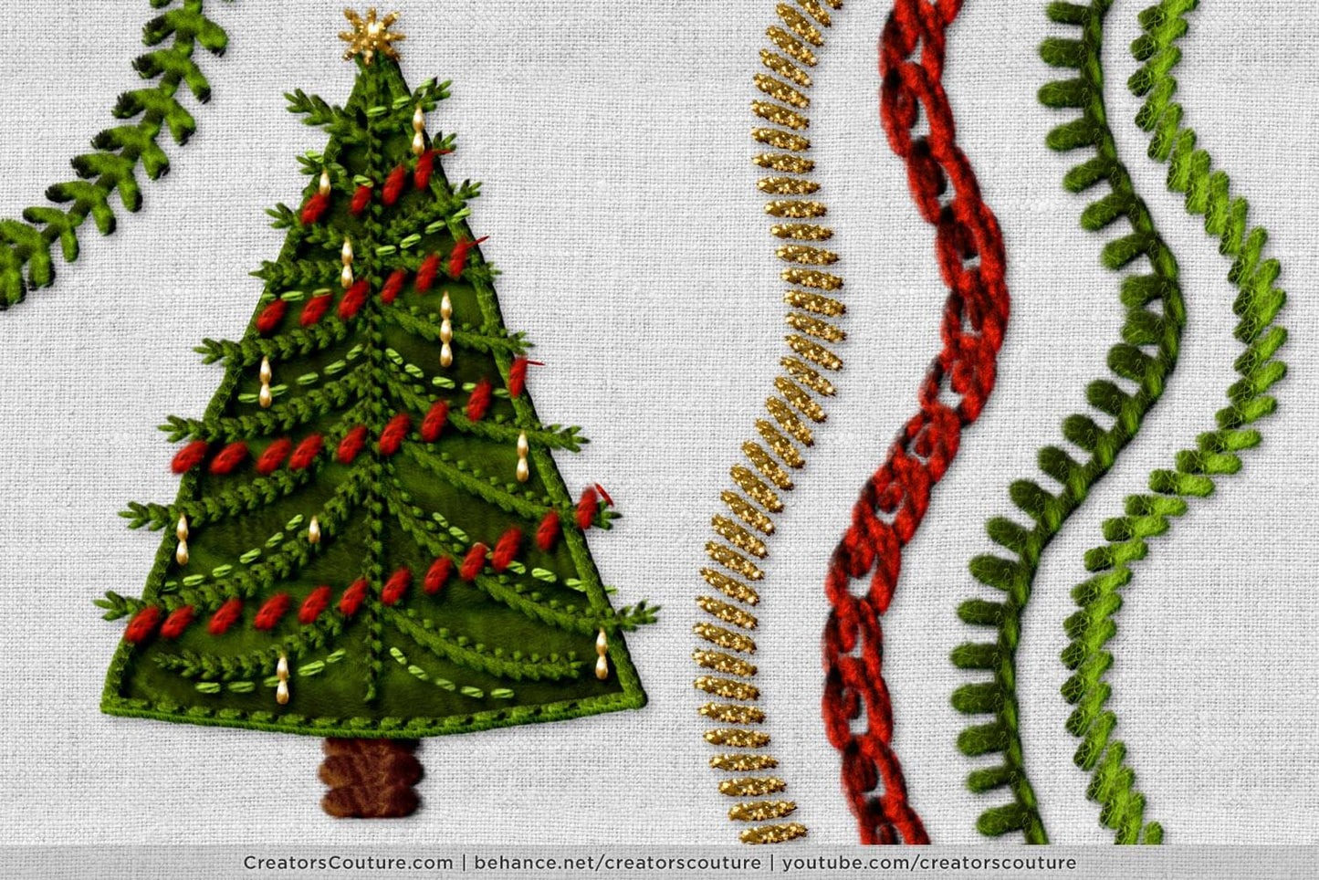 Christmas tree that looks embroidered but was created with Photoshop embroidery brushes