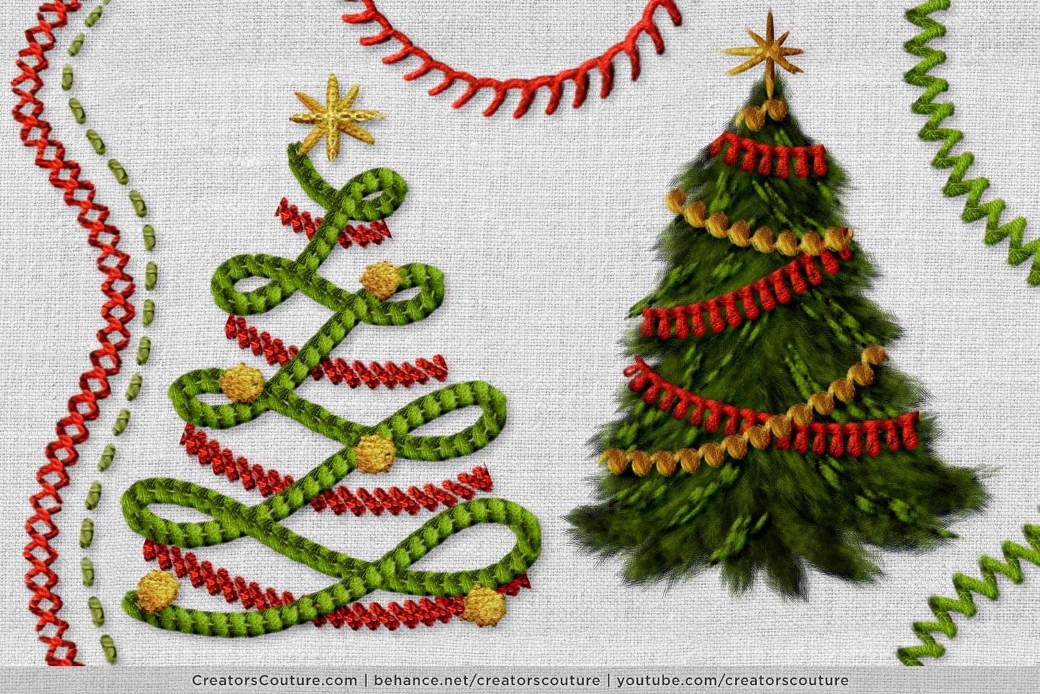 digital art of two Christmas trees and stitch effects created in Photoshop using embroidery inspired brushes